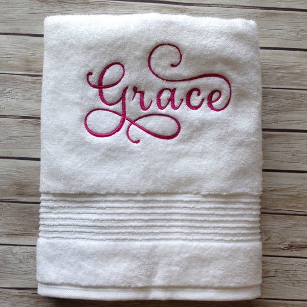 Custom Personalized Embroidered White Bath Towel with Script font