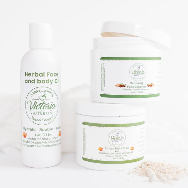 Glow Renewal Skincare Set – African Black Soap, Face Cleanser & Herbal Oil