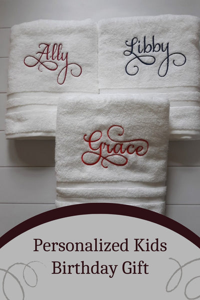 Custom Personalized Embroidered White Bath Towel with Script font