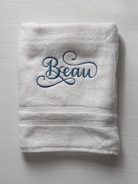 Custom Personalized Embroidered White Bath Towel with Script font
