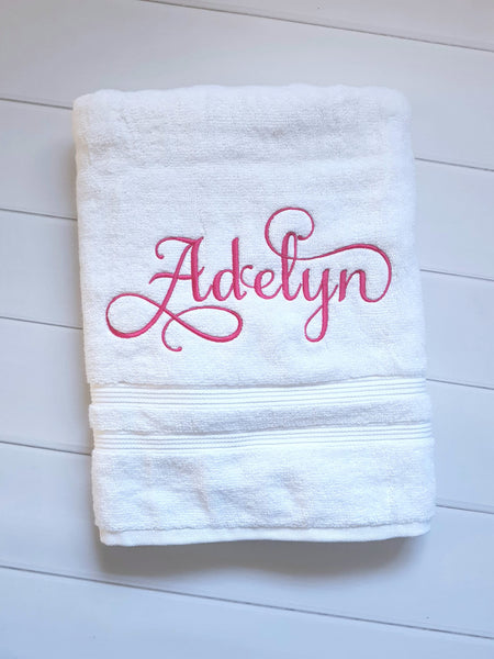 Custom Personalized Embroidered White Bath Towel with Script font