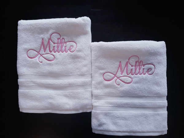 Custom Personalized Embroidered White Bath Towel with Script font
