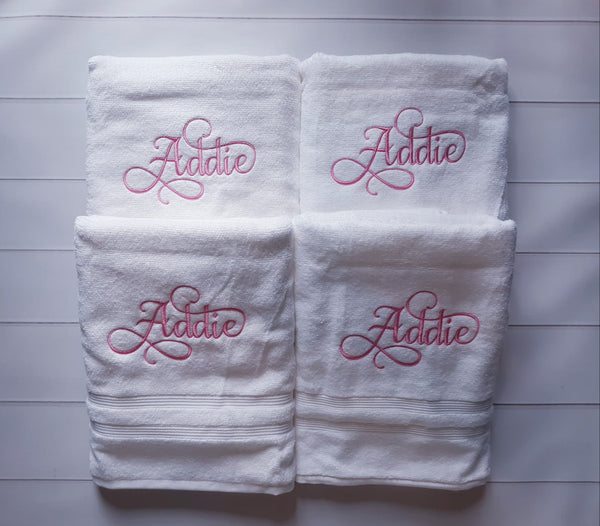 Custom Personalized Embroidered White Bath Towel with Script font