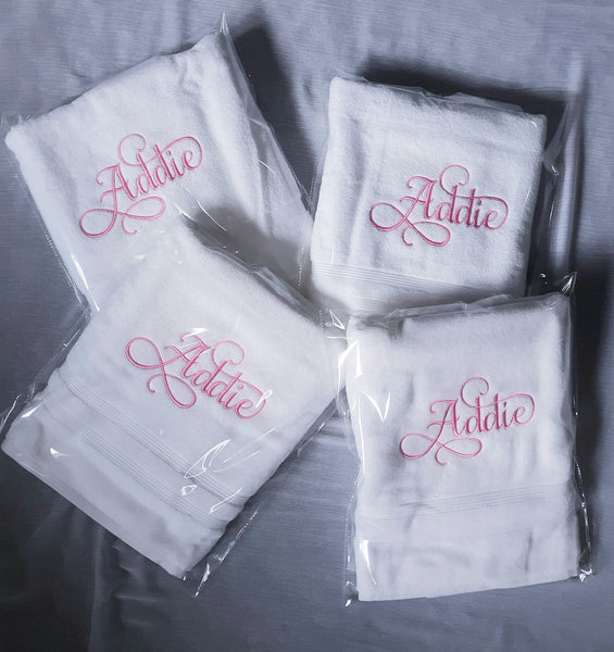 Custom Personalized Embroidered White Bath Towel with Script font