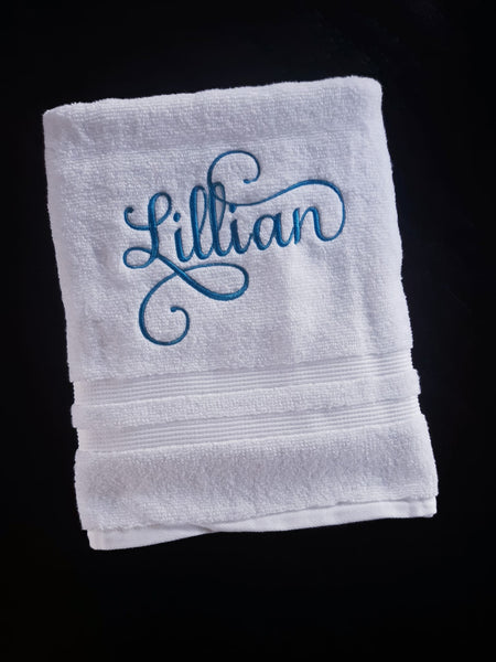 Custom Personalized Embroidered White Bath Towel with Script font