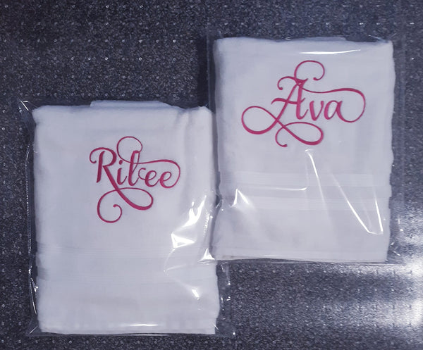 Custom Personalized Embroidered White Bath Towel with Script font