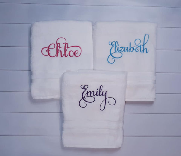 Custom Personalized Embroidered White Bath Towel with Script font