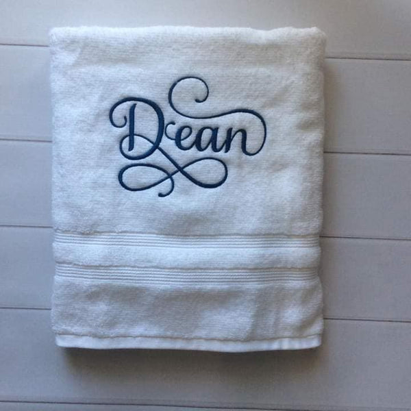 Custom Personalized Embroidered White Bath Towel with Script font