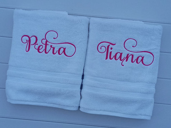Custom Personalized Embroidered White Bath Towel with Script font