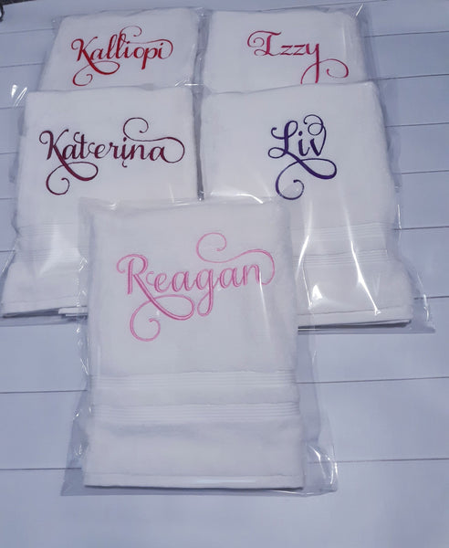 Custom Personalized Embroidered White Bath Towel with Script font