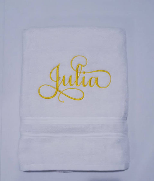Custom Personalized Embroidered White Bath Towel with Script font