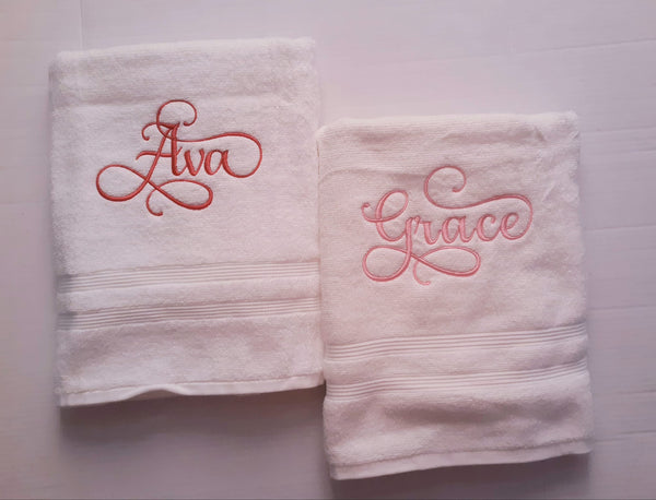 Custom Personalized Embroidered White Bath Towel with Script font