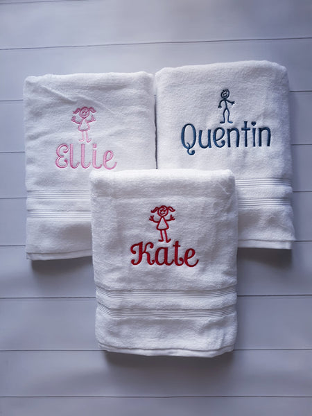 Stick Figure Personalized Bath Towels - Gift for Kids - Personalized Christmas Kids Gift