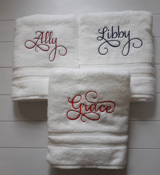 Custom Personalized Embroidered White Bath Towel with Script font