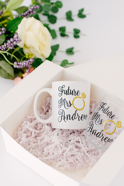 Future Mrs Wine Glasses and Mug Engagement Gift set for Bride