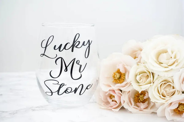 Personalized Future Mrs & Lucky Mr Stemless Wine Glass Set