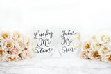 Personalized Future Mrs & Lucky Mr Stemless Wine Glass Set