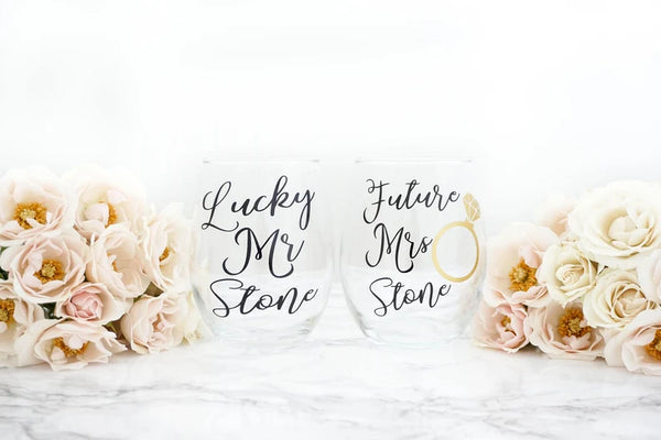 Personalized Future Mrs & Lucky Mr Stemless Wine Glass Set