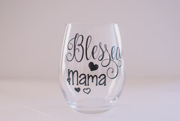 Blessed Mama Stemless Wine Glass Mothers Day Gift for Mom, Stepmom