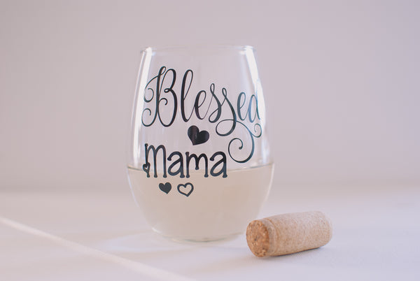 Blessed Mama Stemless Wine Glass Mothers Day Gift for Mom, Stepmom