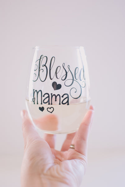 Blessed Mama Stemless Wine Glass Mothers Day Gift for Mom, Stepmom