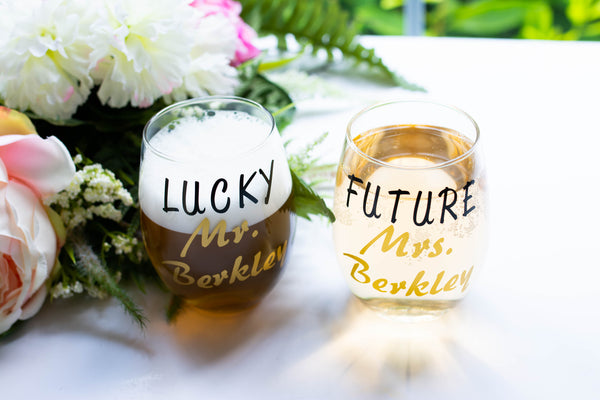 Engagement Gift set for Couple with Future Mrs Wine Glasses and Lucky Mr Mug