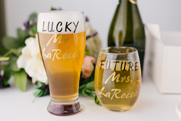 Lucky Mrs Beer Mug and Future Mrs Stemless Wine Glass