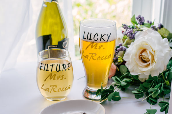 Lucky Mrs Beer Mug and Future Mrs Stemless Wine Glass