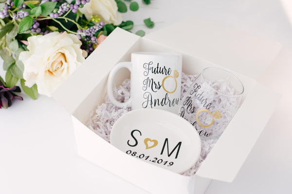 Future Mrs Wine Glasses and Mug Engagement Gift set for Bride