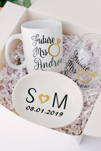 Future Mrs Wine Glasses and Mug Engagement Gift set for Bride