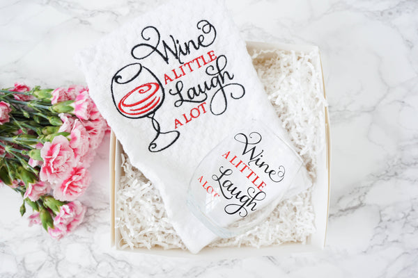Wine a little laugh a lot kitchen towel and wine glass gift set