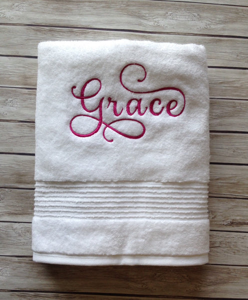 Grace pink embroidered white cotton towel