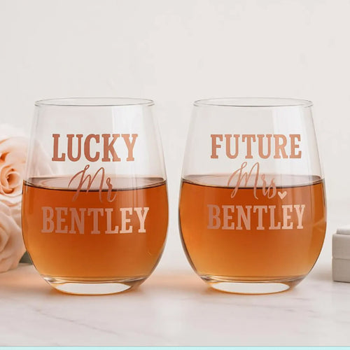Personalized Engagement Wine Glass for Future Mrs and Lucky Mr