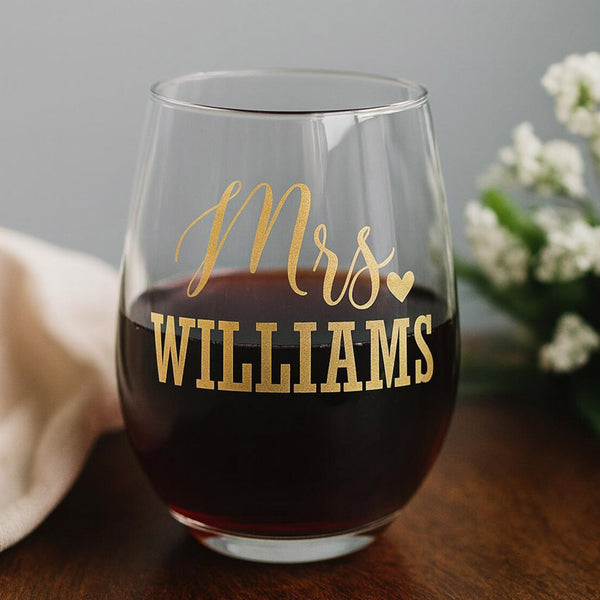 Personalized Mrs Stemless Wine Glass for Friend's Engagement Party