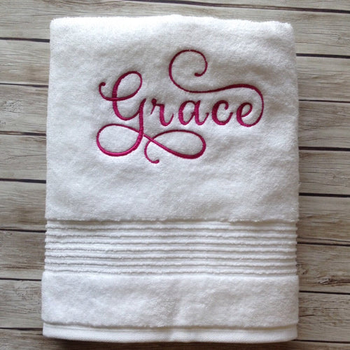 Custom Personalized Embroidered White Bath Towel with Script font