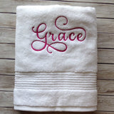 Custom Personalized Embroidered White Bath Towel with Script font