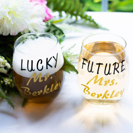 Mr and Mrs Stemless Wine Glass Set