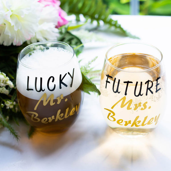 Engagement Gift set for Couple with Future Mrs Wine Glasses and  Lucky Mr Mug