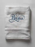 Custom Personalized Embroidered White Bath Towel with Script font