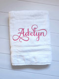 Custom Personalized Embroidered White Bath Towel with Script font