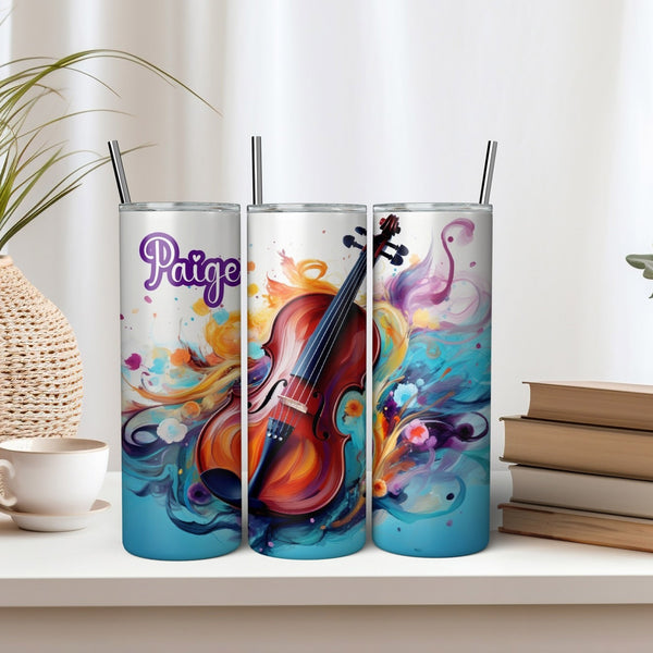 Watercolor Violin Tumbler Personalized, Customized Orchestra Themed Drinkware