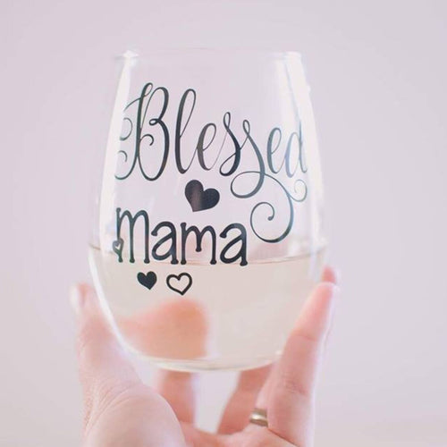 Blessed Mama Stemless Wine Glass Mothers Day Gift for Mom, Stepmom