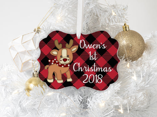 Baby's First Christmas Buffalo Plaid Ornament Personalized