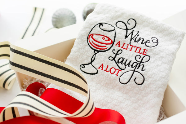Wine a little laugh a lot embroidered Kitchen towel