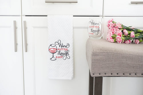 Wine a little laugh a lot kitchen towel and wine glass gift set