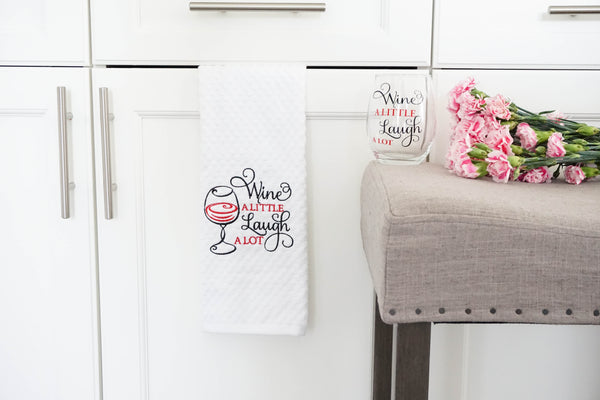 Wine a little laugh a lot kitchen towel and wine glass gift set
