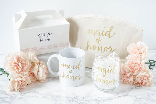 Will you be my maid of honor mug, glass, tote and box