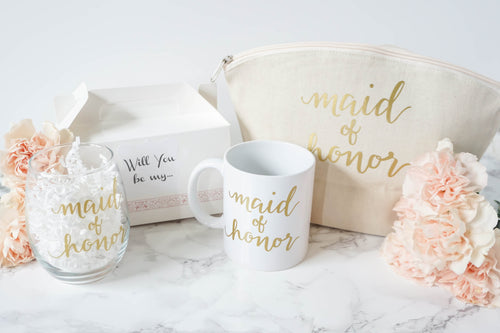 Will you be my maid of honor mug, glass, tote and box with pink flowers